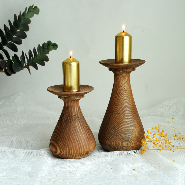 Handcrafted Quoit Rubber Wood Candle Holders | Set Of 2