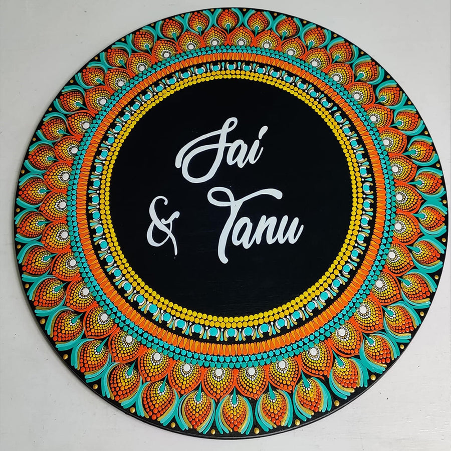 Circular Dot Art Name Plate - Top View Showing Personalized Text