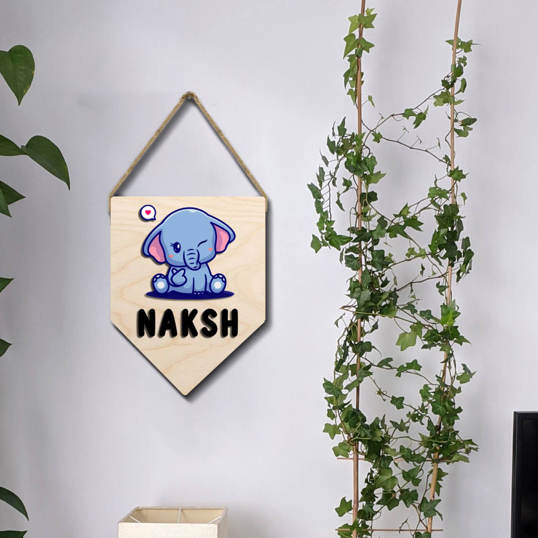 Kids Elephant Themed 3D Name Plate - Hanging on Wall with Rope