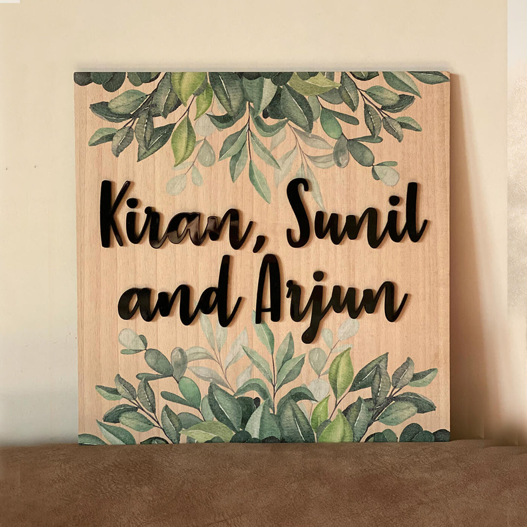 Personalised Wooden Botanical Square Name Plate - Front View with Name Personalization (5)