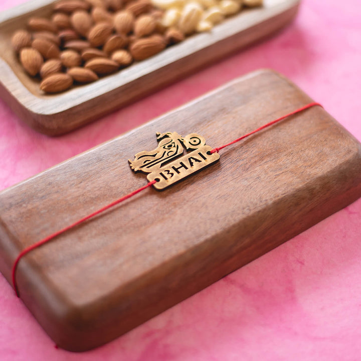 Bullet Bhai Mdf Rakhi - Rakhi tied around wooden box