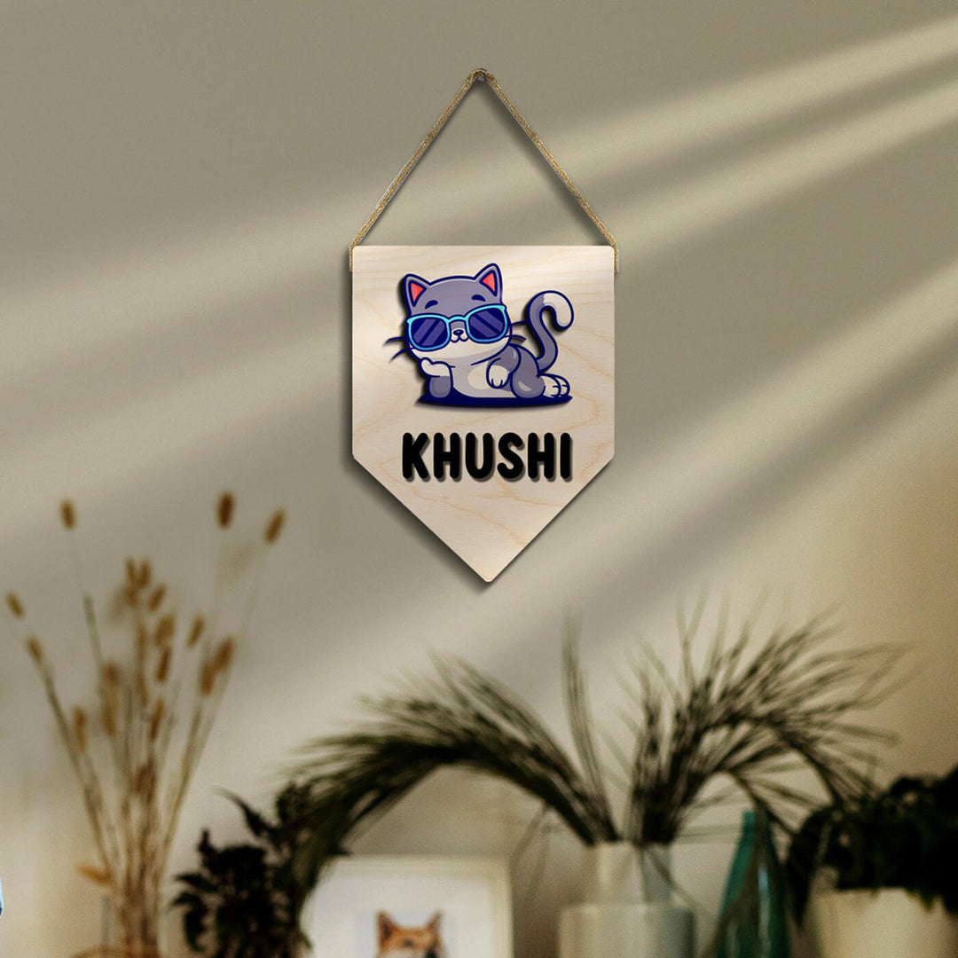 Kids Cat Themed 3D Name Plate - Hanging on Wall with Name Personalization