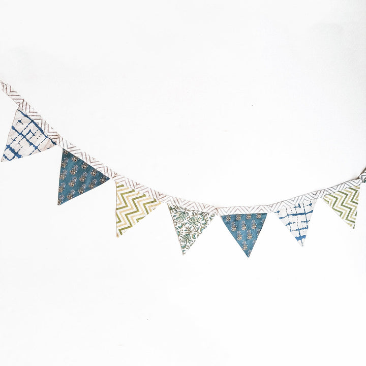 Upcycled Block Printed Cloth Bunting - Hanging Diagonal Garland Display