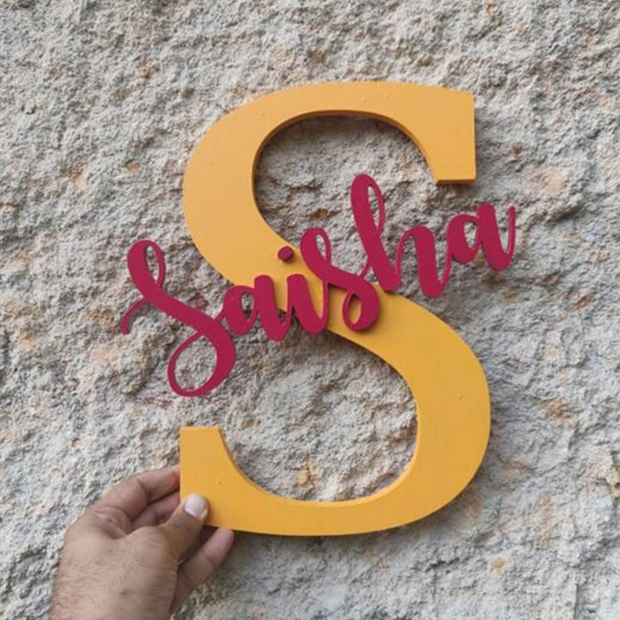 Red And Yellow Hand Painted Mdf Monogram Initial Name Plate - Handheld Front View with Personalization