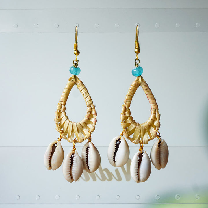 Drop-Shaped Woven Bamboo Earrings with Shells