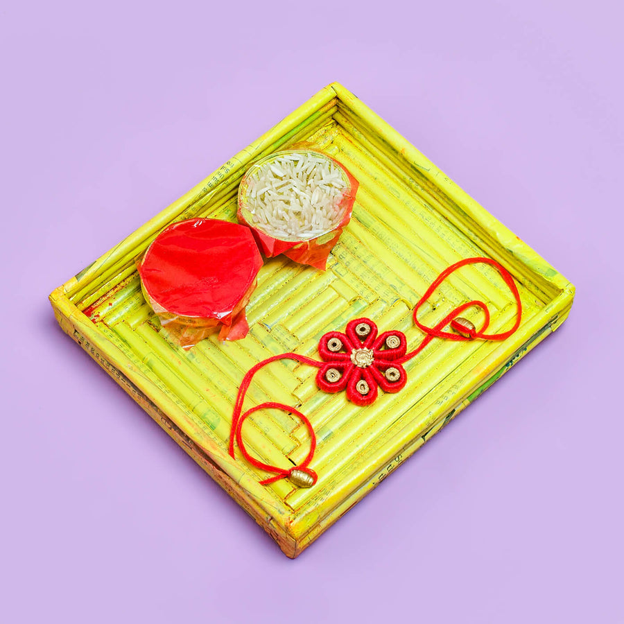 Paper Mache Rakhi Hamper Crimson - Flat Lay with Rakhi and Plates