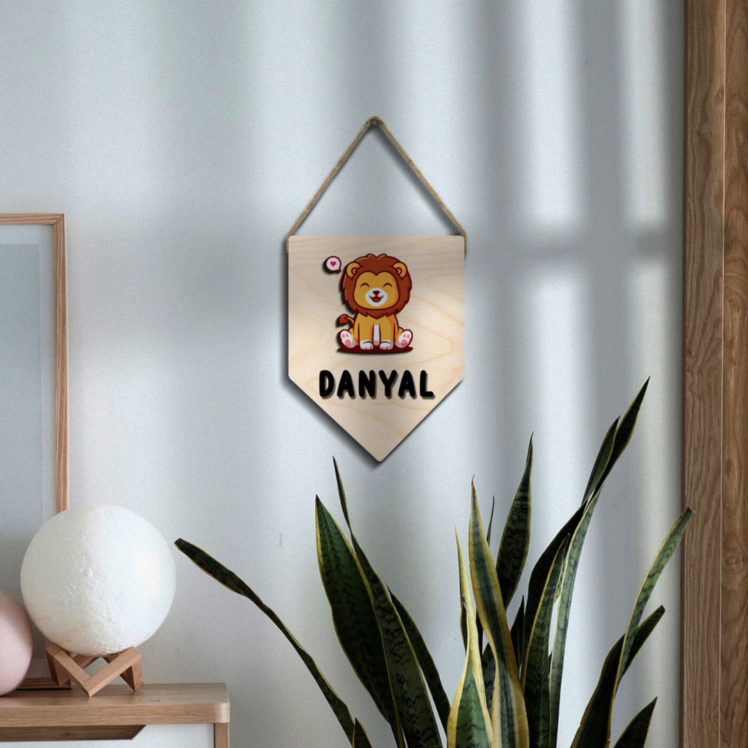 Kids Lion Themed 3D Name Plate - Hanging on Wall with Rope