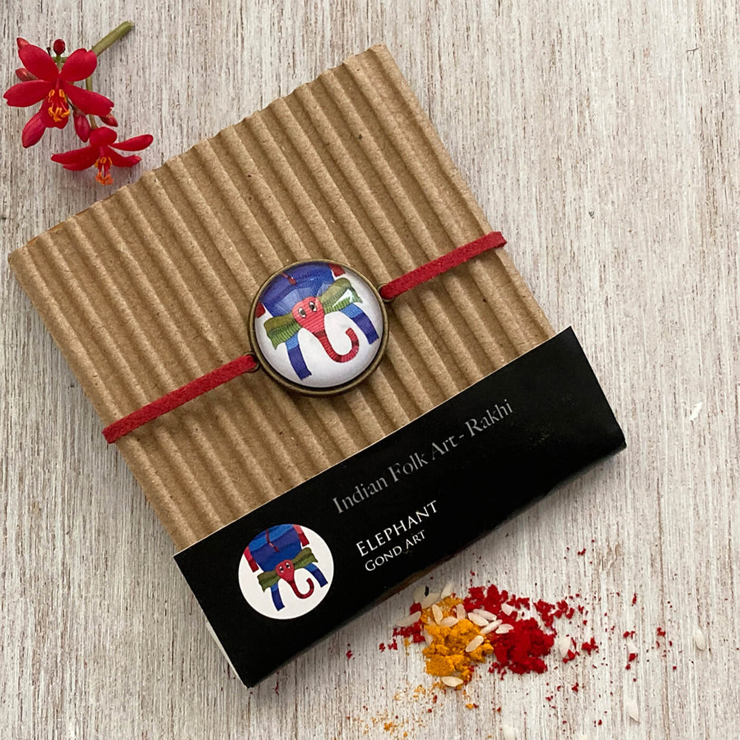 Gond Elephant Handcrafted Folkart Rakhi - Packaged with Label