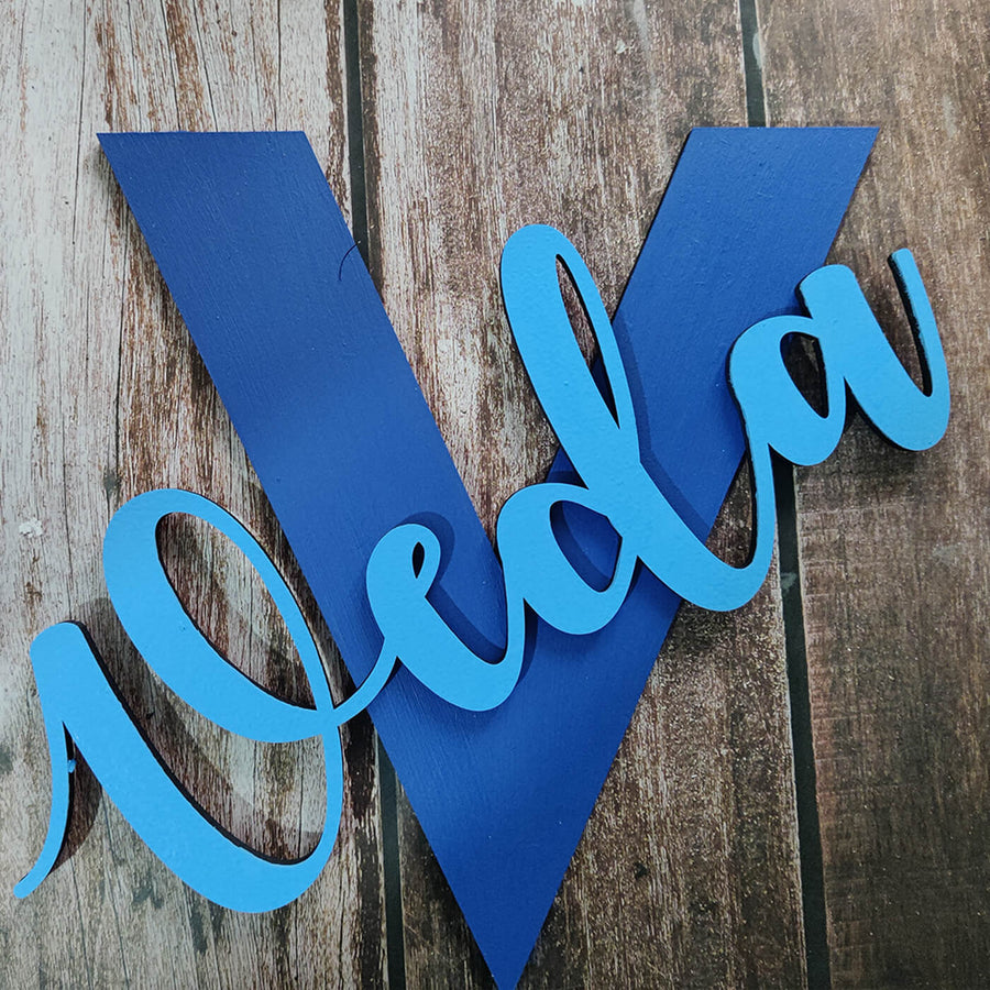 Blue Hand Painted Mdf Monogram Initial Name Plate - Top angled laying on surface