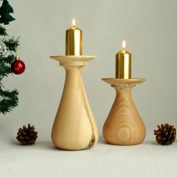 Handcrafted Quoit Rubber Wood Candle Holders | Set Of 2