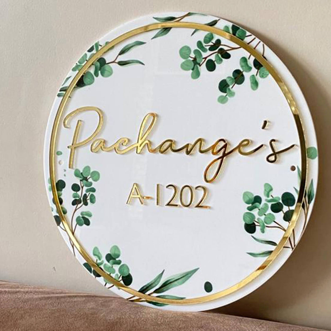 Personalised Acrylic Floral Round Nameplate - Front View Mounted on Wall