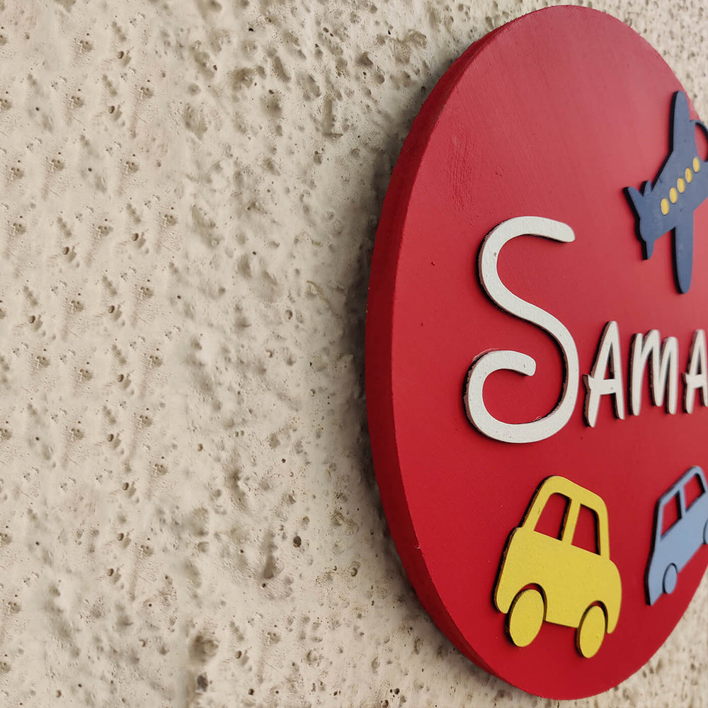 Vehicle Theme Personalised Mdf Name Plate - Side View Showing Depth Mounted on Wall