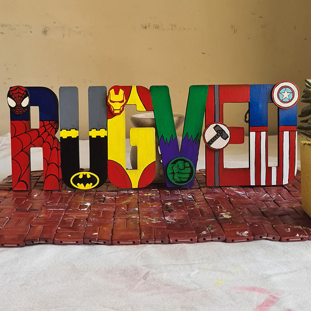 Superhero Theme Name Plate For Kids - Front View on Flat Surface