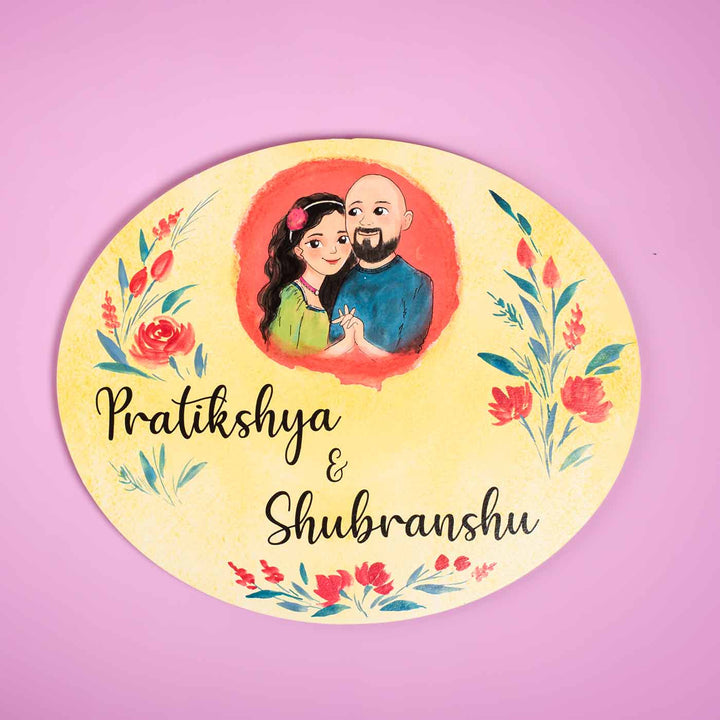Oval Hand Painted Character Name Plate Couple Red Flowers - Top View with Name Personalization