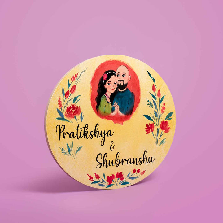 Oval Hand Painted Character Name Plate Couple Red Flowers - Front View with Name Personalization (7)