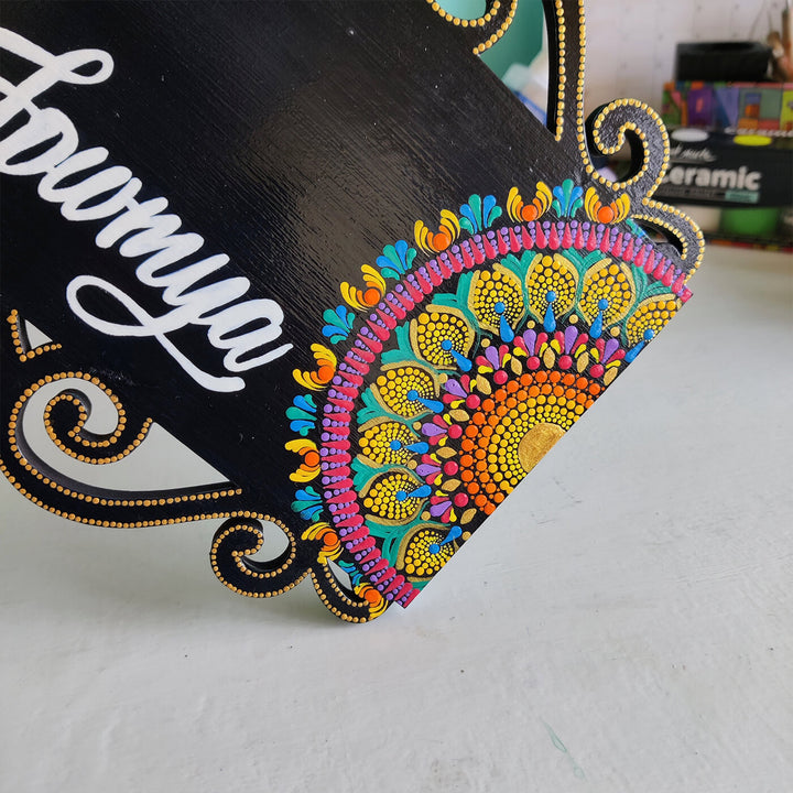 Rectangular Cutwork Name Plate With Dot Art - Close-up of painted decorative corner