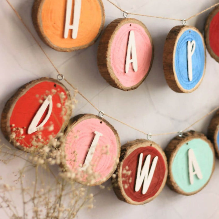 28 In | Happy Diwali Teak Wood Bark Coaster Bunting