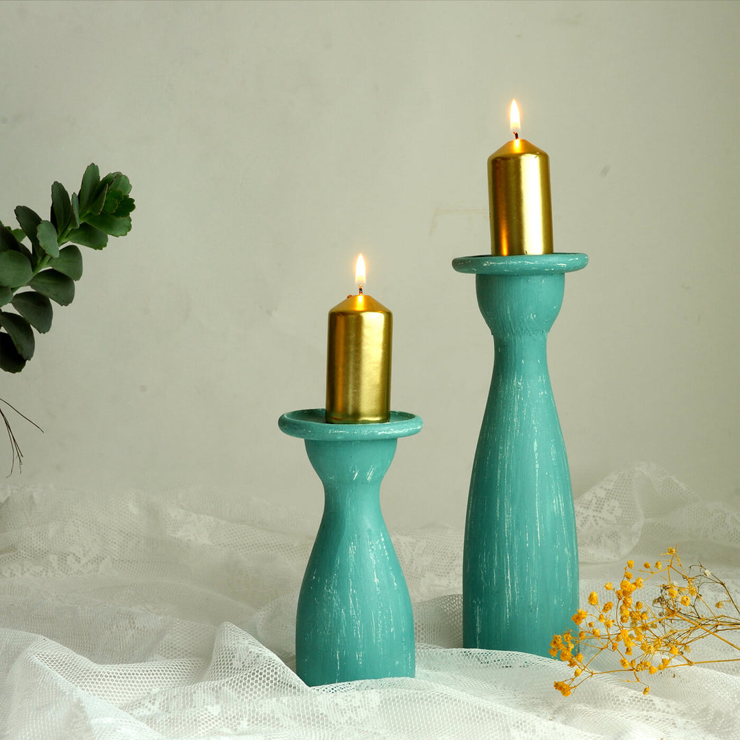 Handcrafted Rustic Rubber Wood Candle Holders | Set Of 2