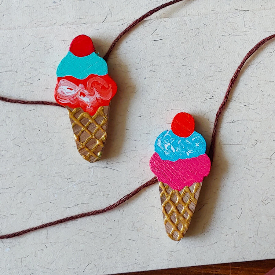Handpainted Wooden Rakhi Set Of 2 Icrecream - Close-up Front View