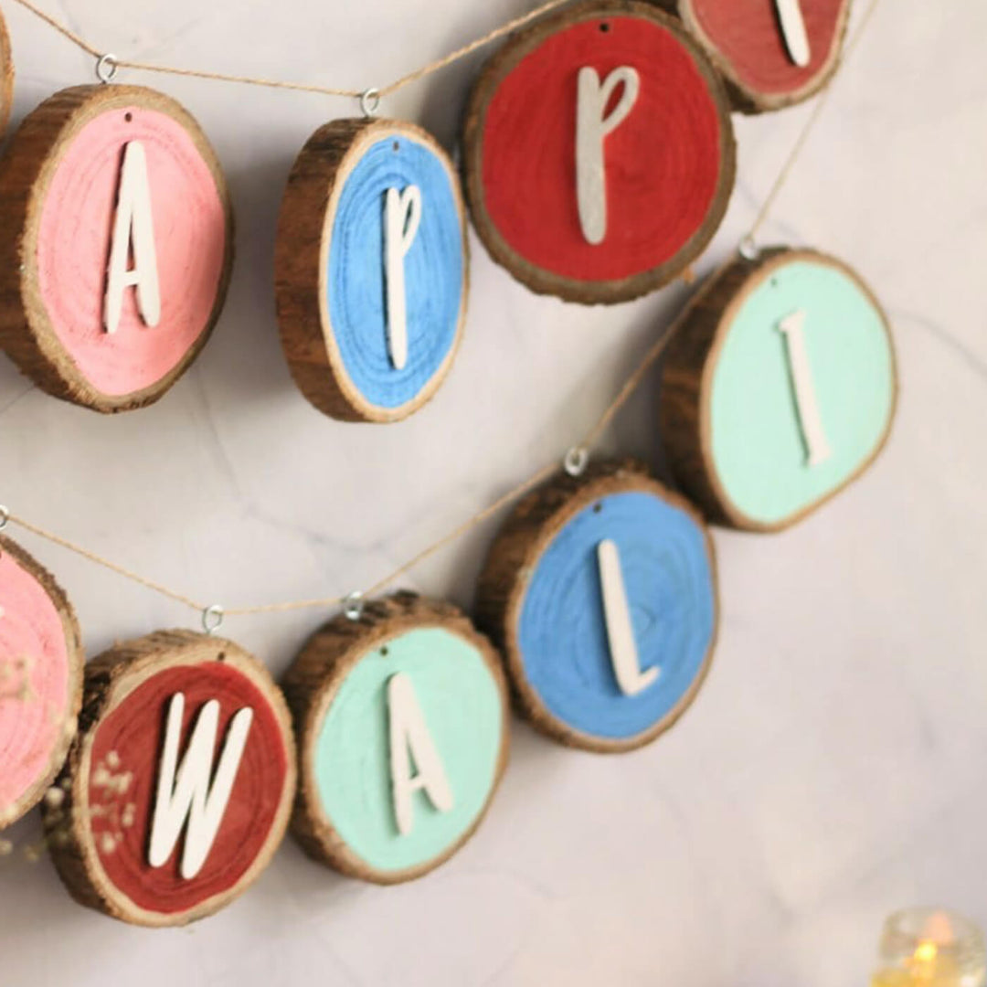 28 In | Happy Diwali Teak Wood Bark Coaster Bunting