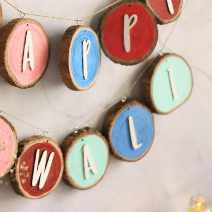 28 In | Happy Diwali Teak Wood Bark Coaster Bunting