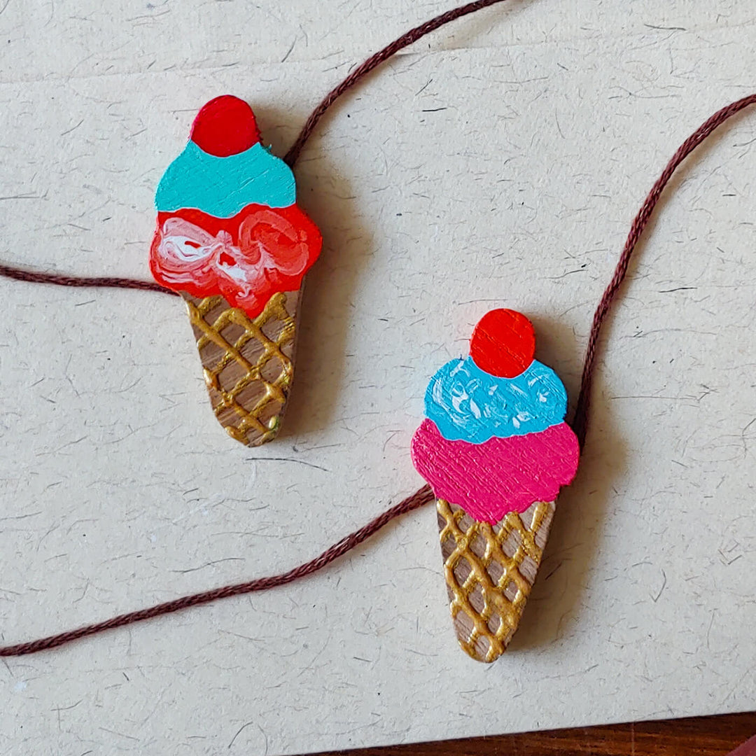 Handpainted Wooden Rakhi Set Of 2 Cats - Ice Cream Design Front View