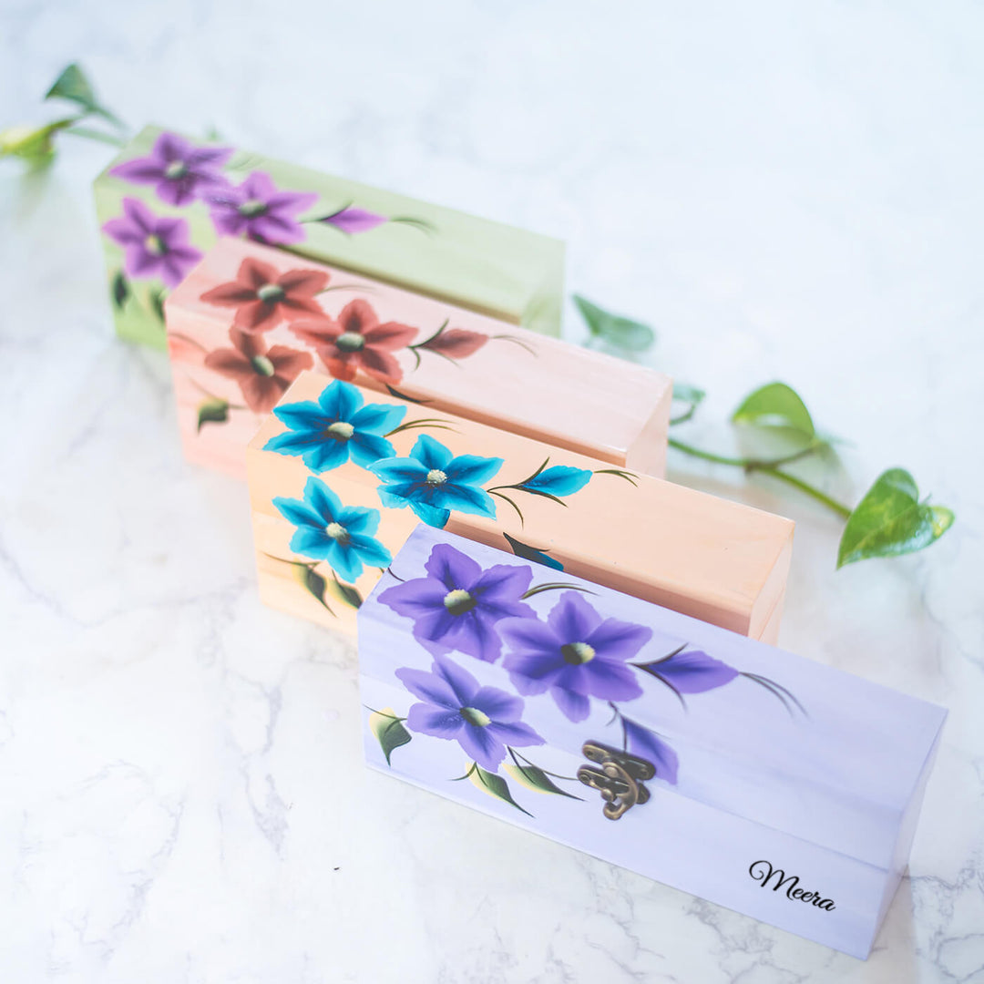 Personalized One Stroke Art Lipstick Box- Teal Flowers