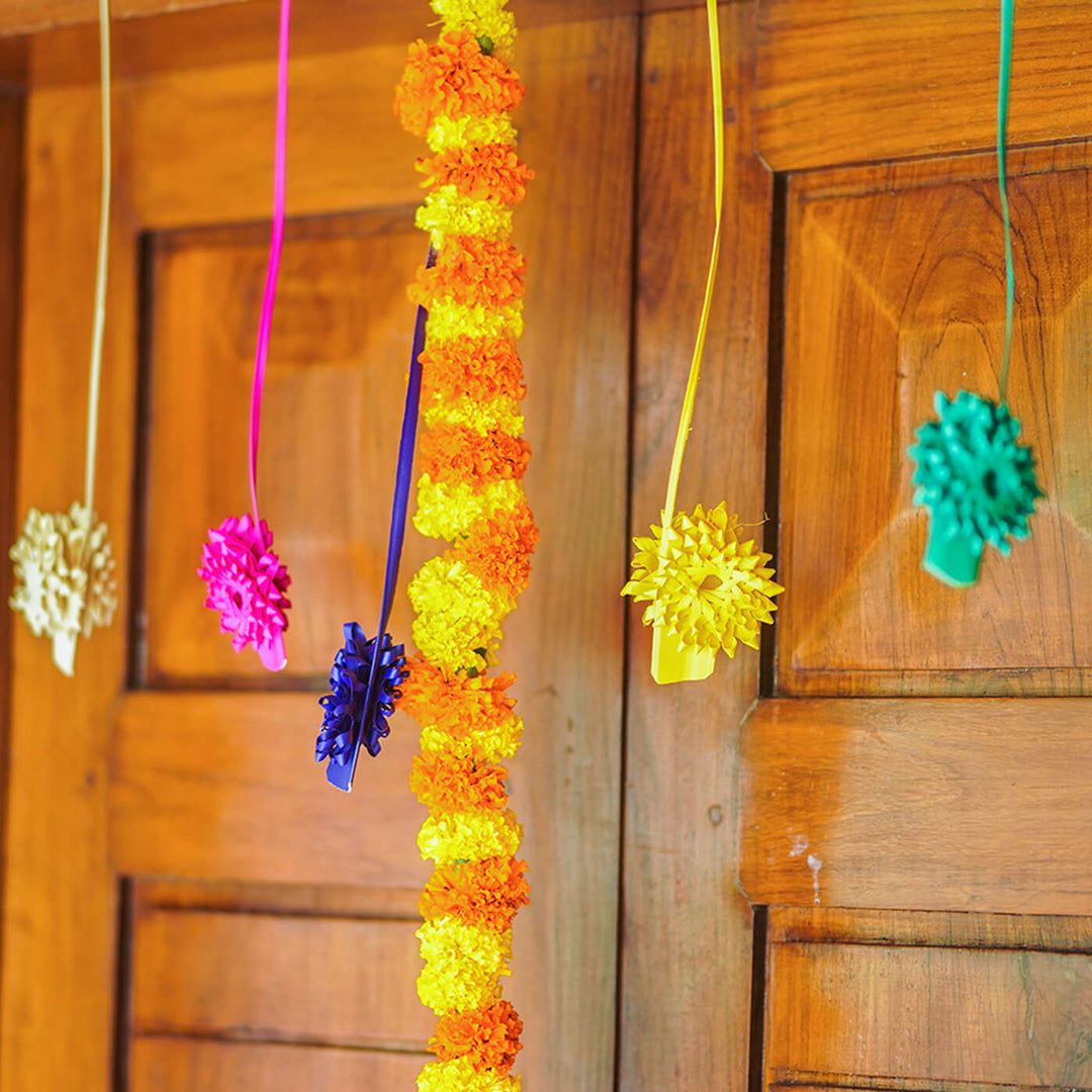 Colourful Handfolded Palm Leaf Flower Hanging- Set Of 5