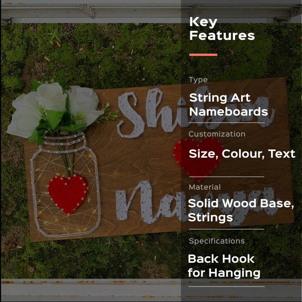 String Art Mason Jar Name Plate For Couples White Red - Top View on Moss Background