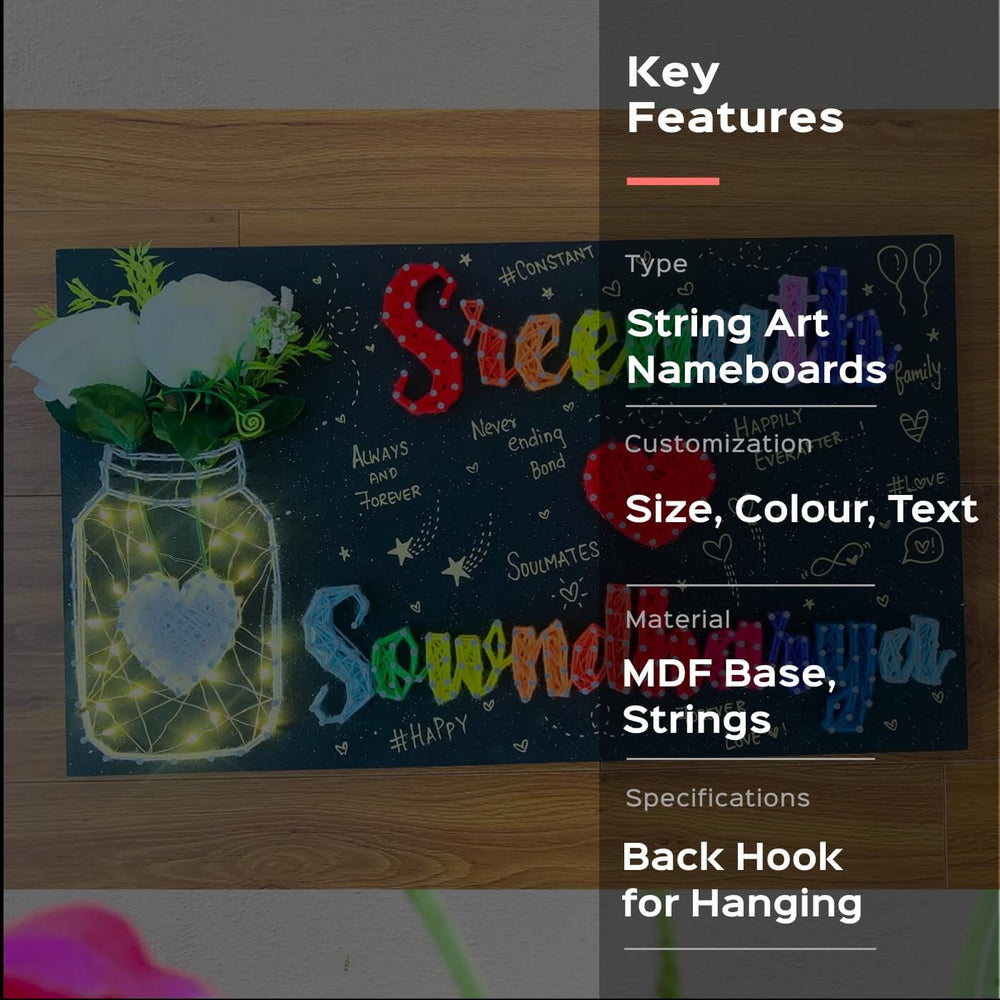 String Art Mason Jar Name Plate For Couples Rainbow - Front View with Lighting Effect