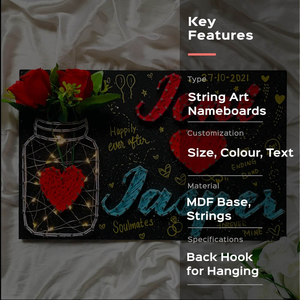 String Art Mason Jar Name Plate For Couples Red Blue - Front View with Background Elements