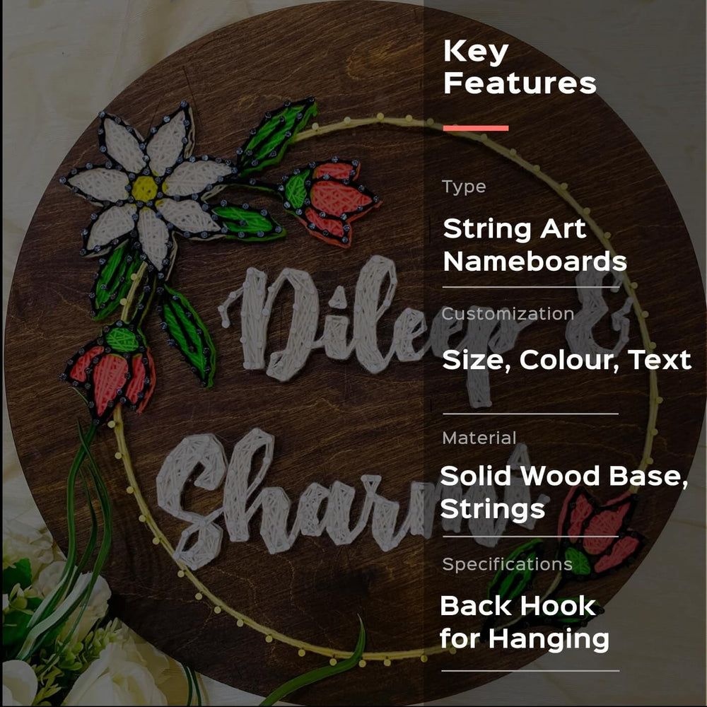 Floral String Art Name Plate Couple Names - Front View with Text Overlay