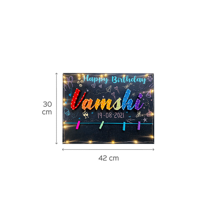 Happy Birthday String Art Name Plate - Front View with Dimensions