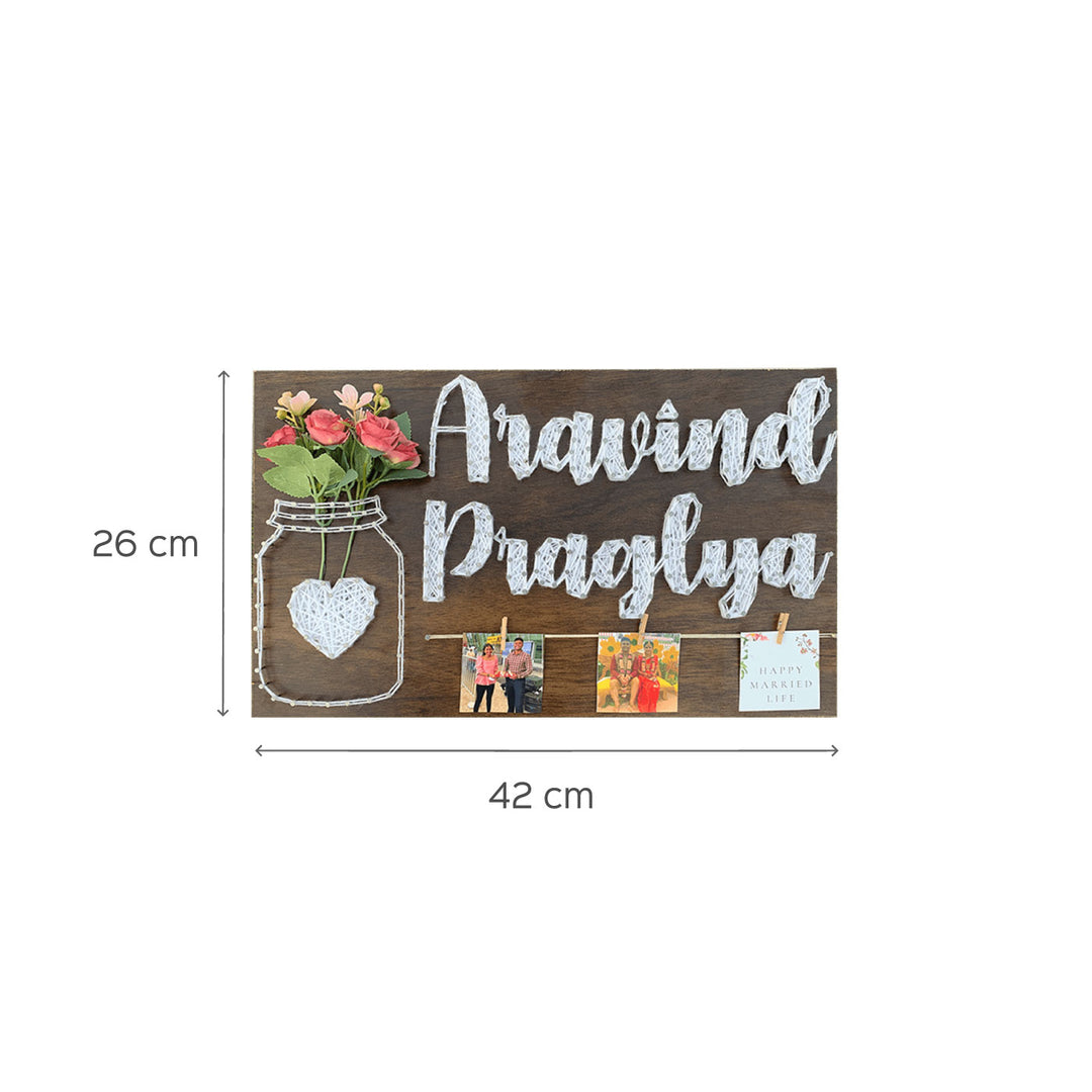 Mason Jar Couple String Art Name Plate With 2 Customized Photos And A Quote - Dimension Chart Front View