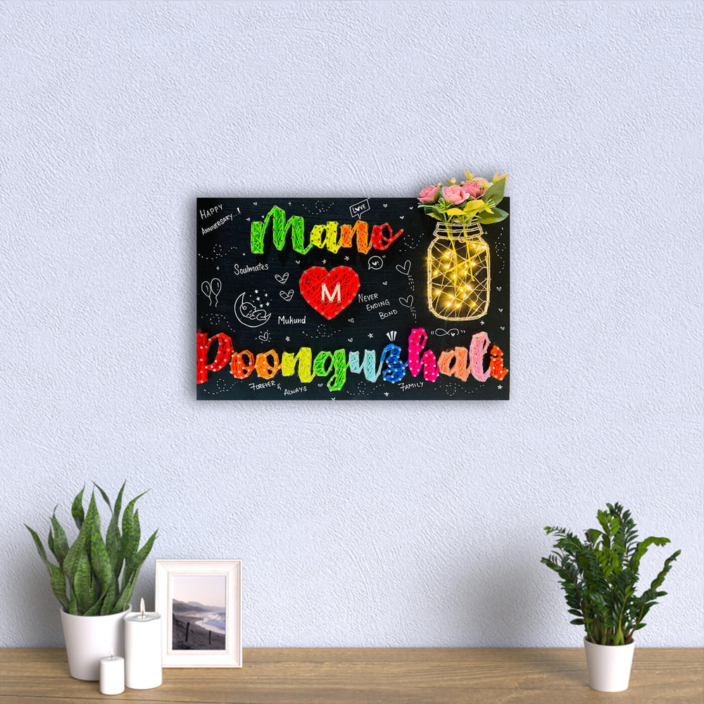 Rectangular Mason Jar String Art Name Plate With Lights N Flower - Mounted on Wall Above Tabletop Decor