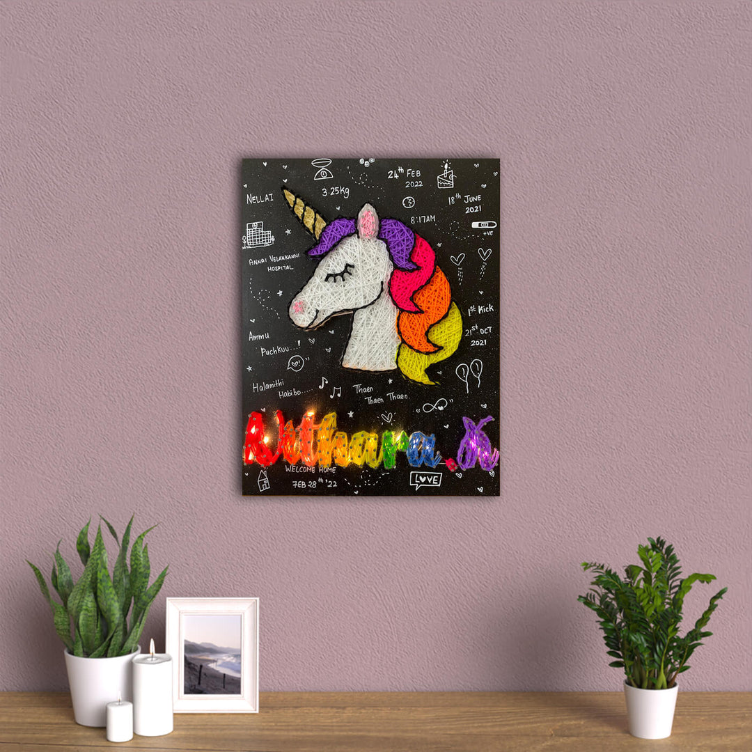 Rectangular Unicorn String Name Plate - Mounted on Wall Above Tabletop Decor