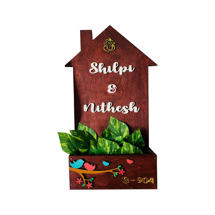 House Shaped Name Plate With Planter And Ganesha - Front View with Name Personalization