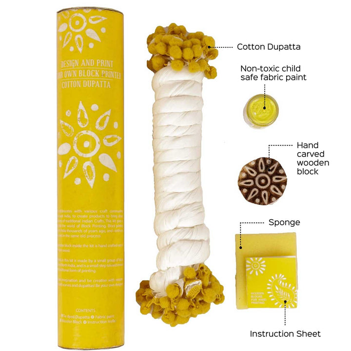 Yellow Floral Dupatta Block Print DIY Kit | Includes 1 White cotton dupatta, 1 Fabric paint, 1 Wooden block And 1 Sponge