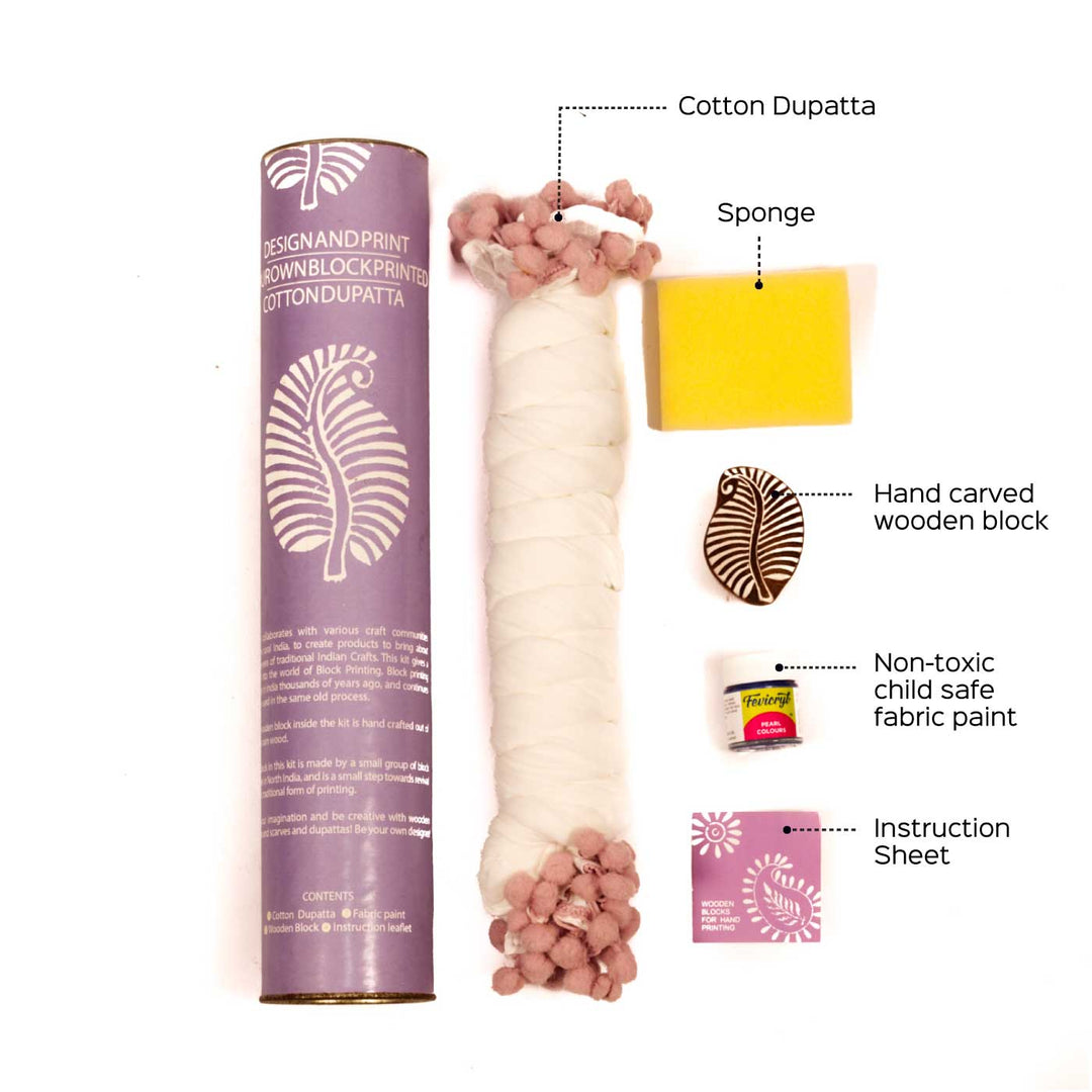Purple Leaf Dupatta Block Print DIY Kit | Includes 1 White cotton dupatta, 1 Fabric paint, 1 Wooden block And 1 Sponge