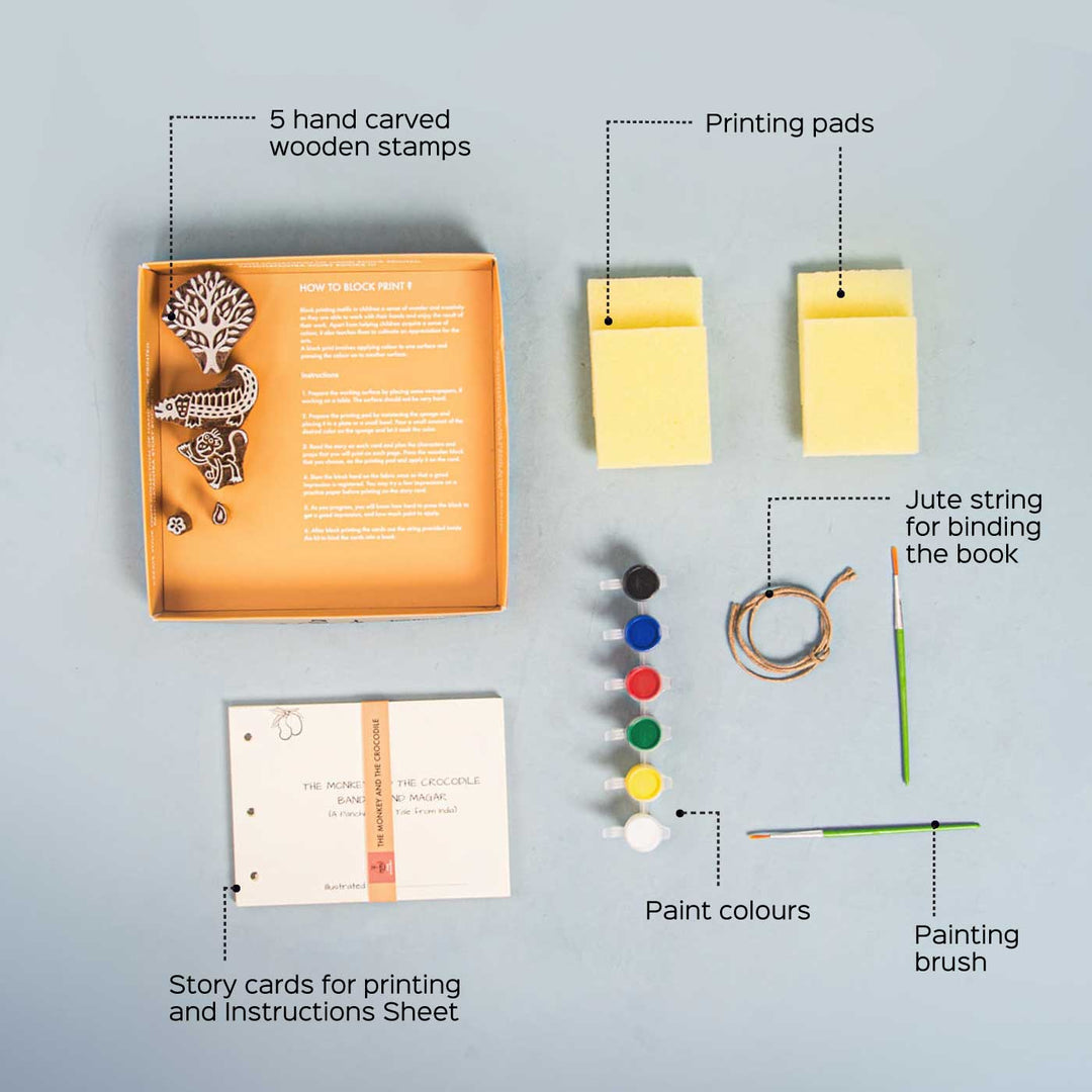 Goats and the Jackal Panchatantra Block Printing DIY Kit | 5 Stamps, Poster Colours, Painting Brush, Printing Pads, Story Cards  And Jute String