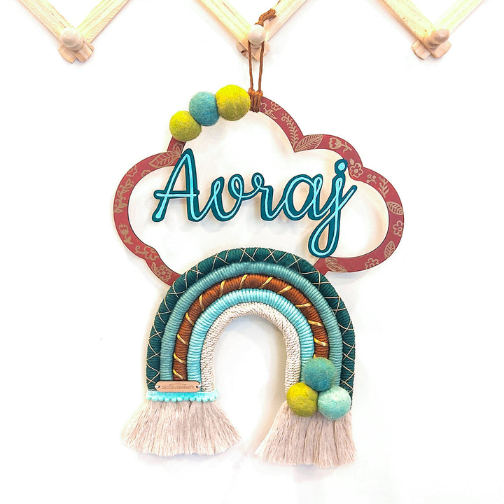 Macrame Cloud Rainbow Personalized Kids Name Plate - Hanging with Name Personalization