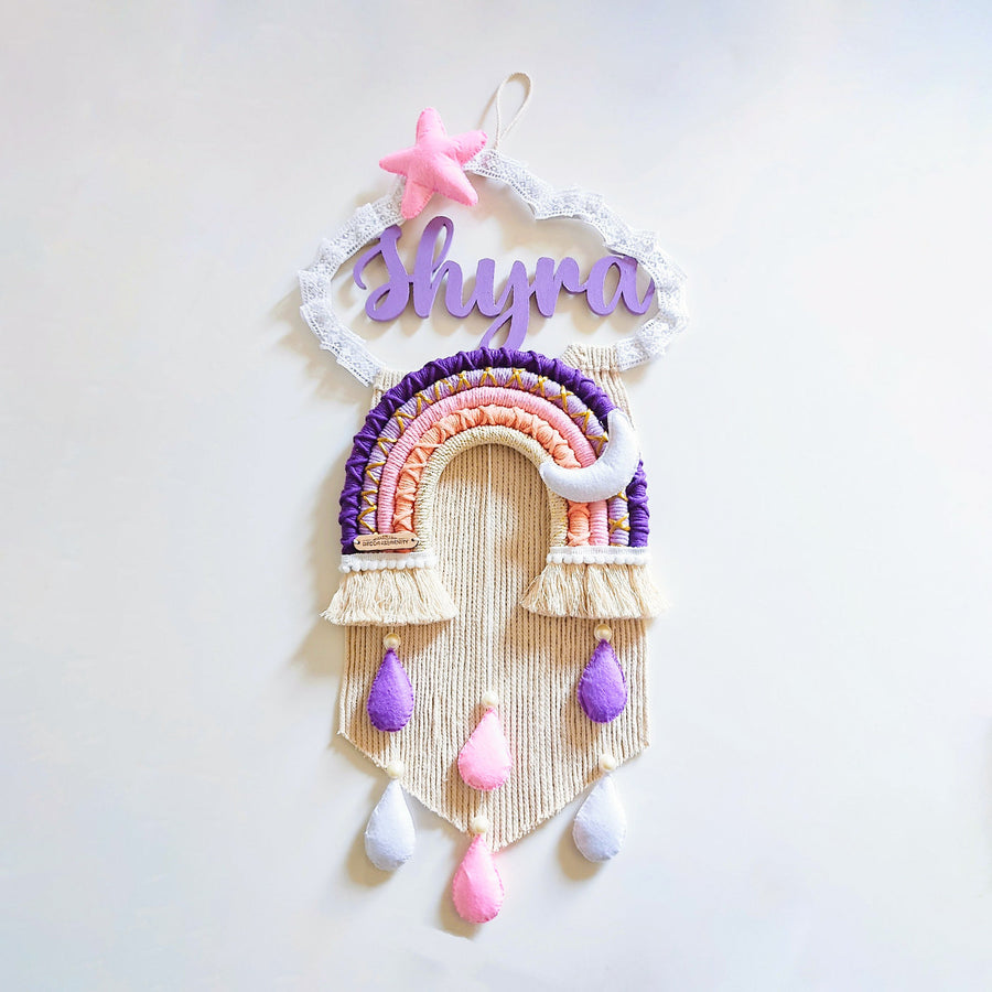 Macrame Cloud Rainbow Personalized Kids Name Plate 1 - Front View Hanging Decoration