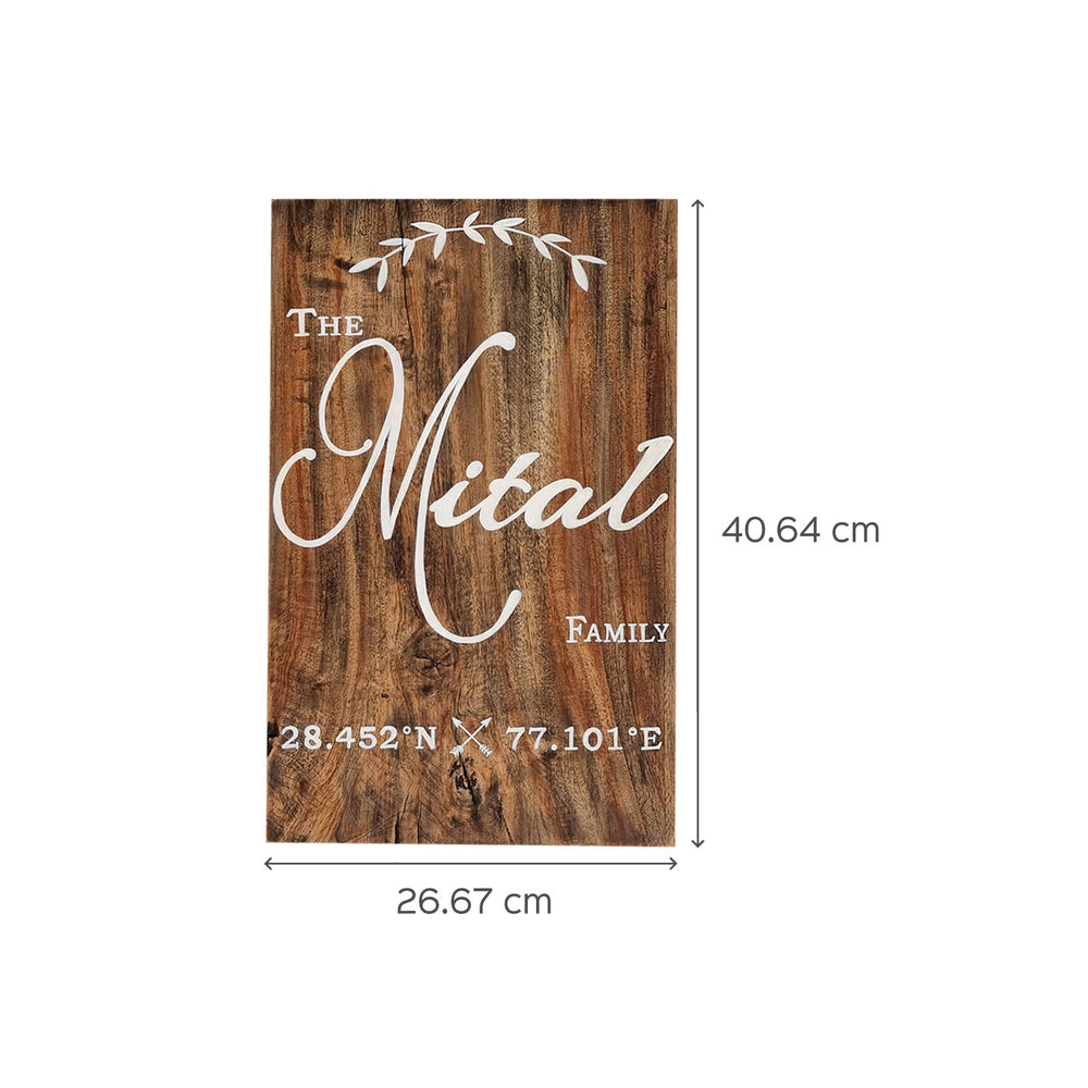 Rustic Wood Hand Painted Family Name Plate With Co Ordinates - Dimension Chart Front View