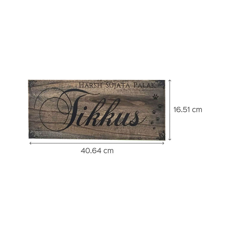 Rustic Wood Hand Painted Couple Name Plate With Paw Marks - Front View with Dimensions