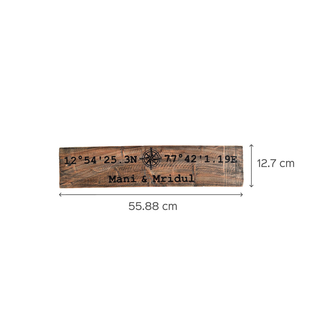Rustic Wood Hand Painted Couple Name Plate With Co Ordinates - Dimension Chart Front View