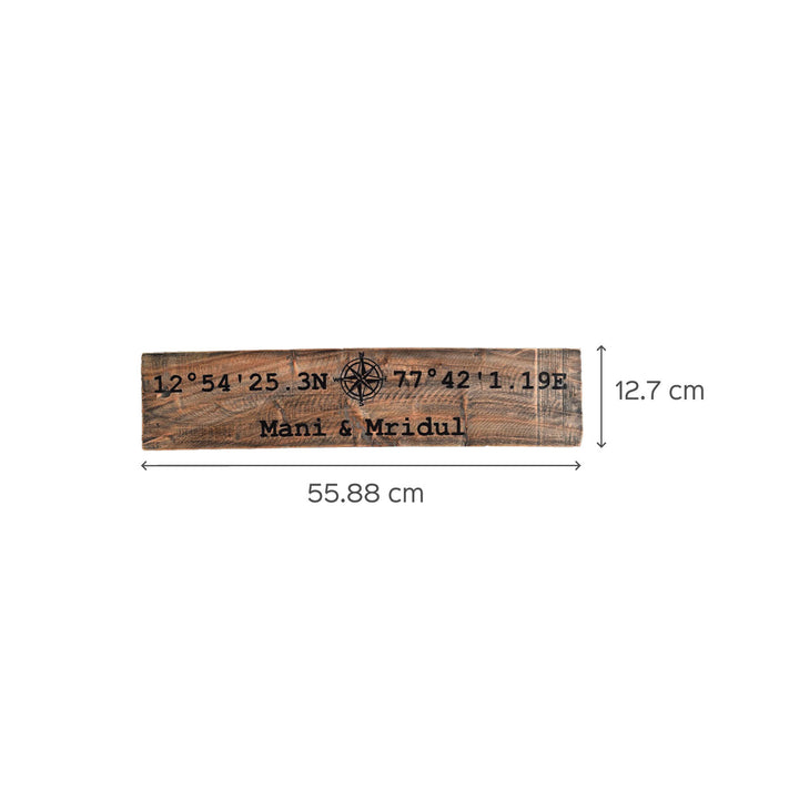 Rustic Wood Hand Painted Couple Name Plate With Co Ordinates - Dimension Chart Front View