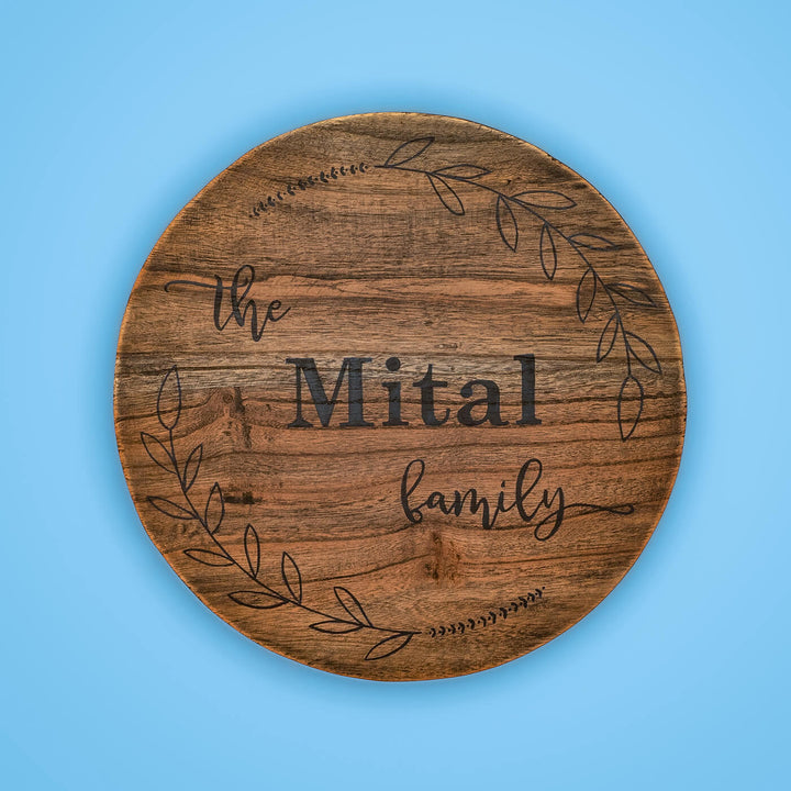 Round Rustic Wood Hand Painted Family Name Plate - Top-down Personalized Text View