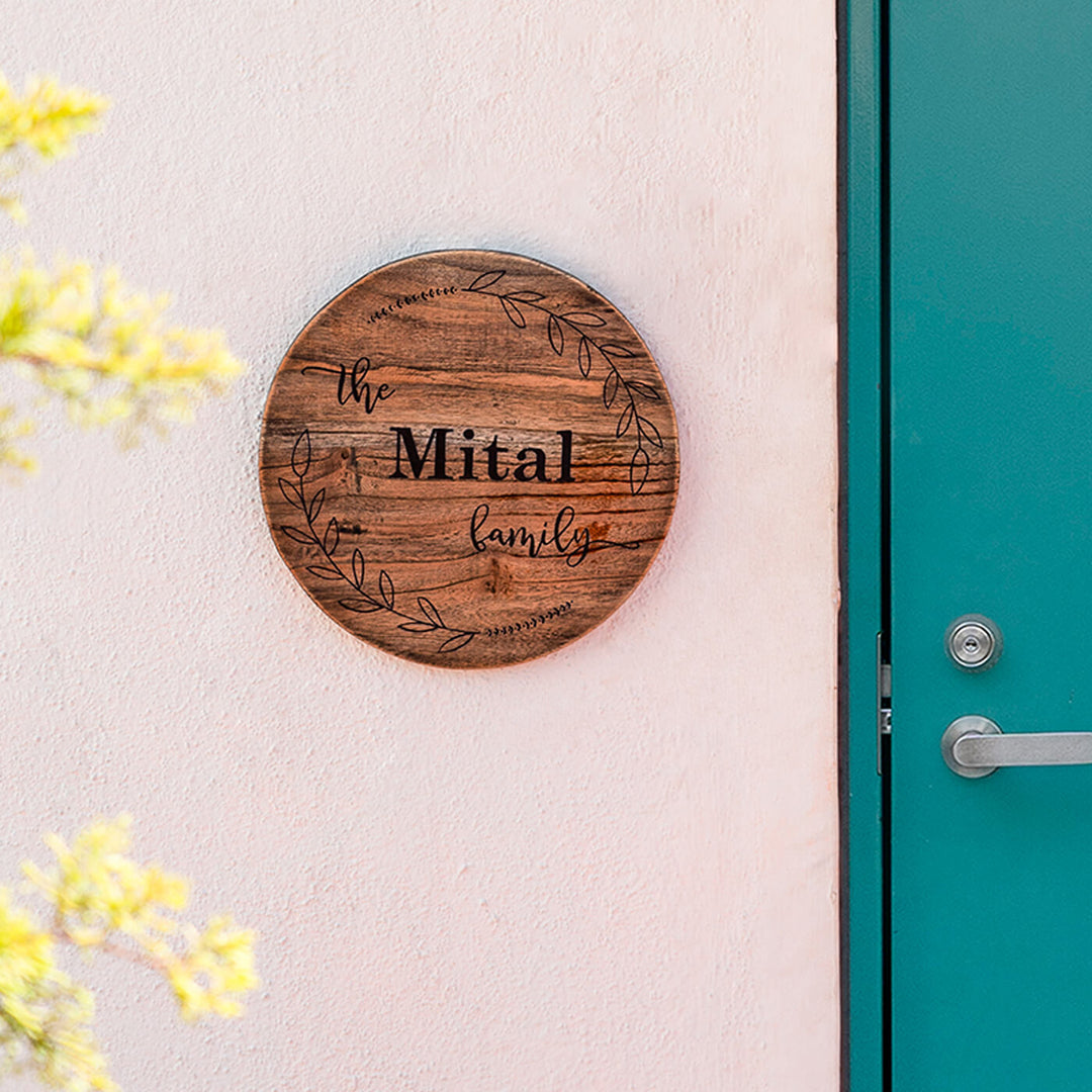 Round Rustic Wood Hand Painted Family Name Plate - Mounted on Exterior Wall Next to Door