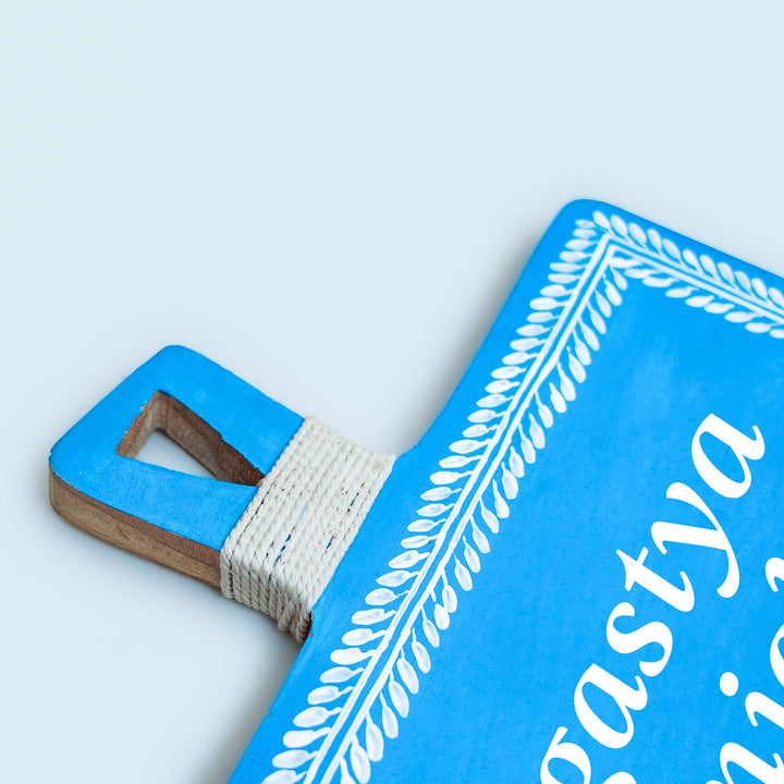 Hand Painted Aipan Art Wooden Personalised Square Name Plate - Close-up of Handle and Surface Detail
