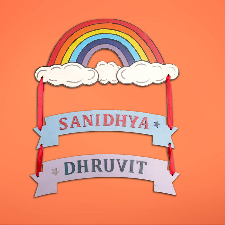 Rainbow Kids Siblings Name Plate - Name Personalization Example with Hanging Strings